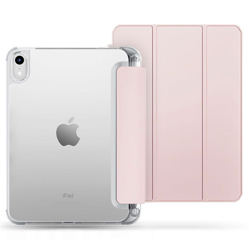 A pink iPad case is shown next to a clear iPad.