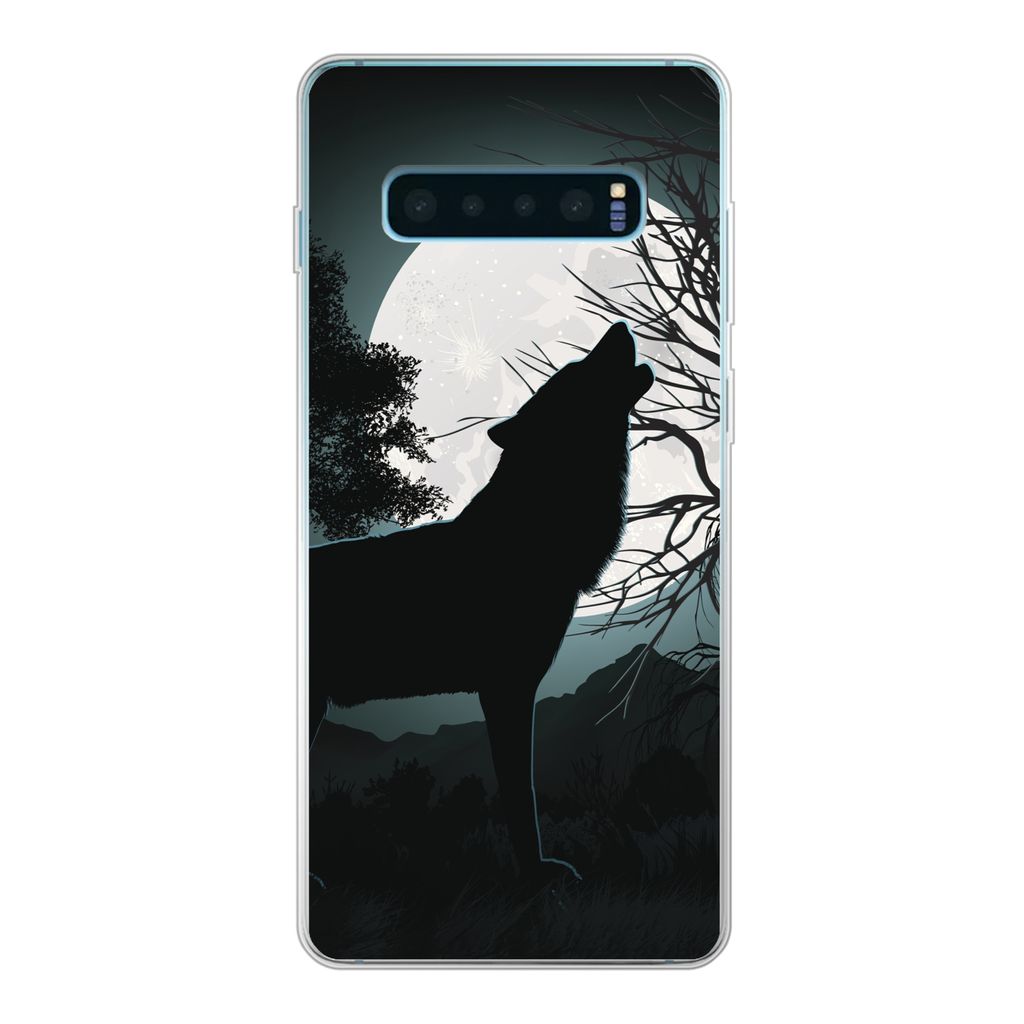 MuchoWow Handyhülle Schutzhülle Hülle für Samsung Galaxy S10 Lite Wolf - Scherenschnitt - Mond Silikon Softcase Handy Hülle - Schutz
