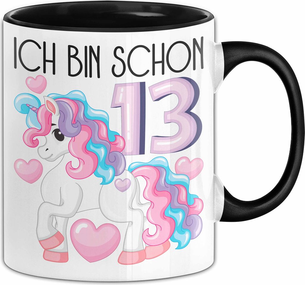 13. Geburtstag Geschenk Tasse Becher Mädchen Tochter Geburtstagsgeschenk Einhorn Ich Bin Schon 13 Teenager (Schwarz)