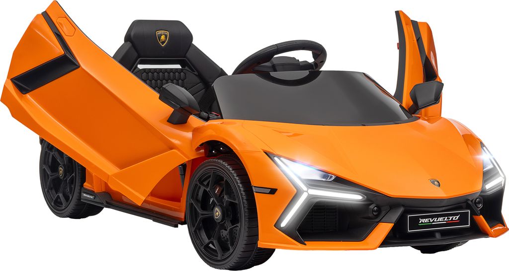 An orange electric toy car with its doors open, shown from a front-side angle against a white background.