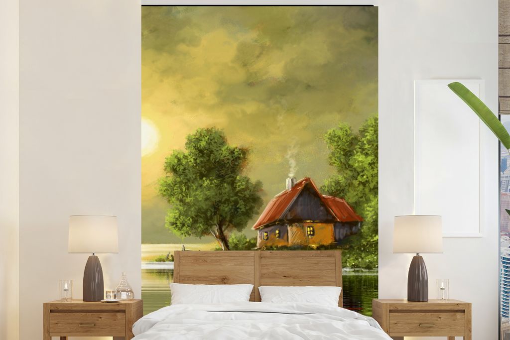 MuchoWow Fototapete für Wohnzimmer oder Schlafzimmer Wandtapete Vinyl Motivtapete Gemälde - Ölfarbe - Haus - Natur - Wasser - 225x350 cm - Sch...