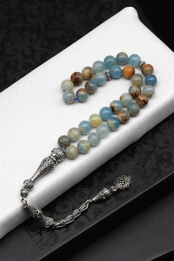 Chapelet en calcite bleue - 33 perles rondes 8 mm et argent 925 véritable
