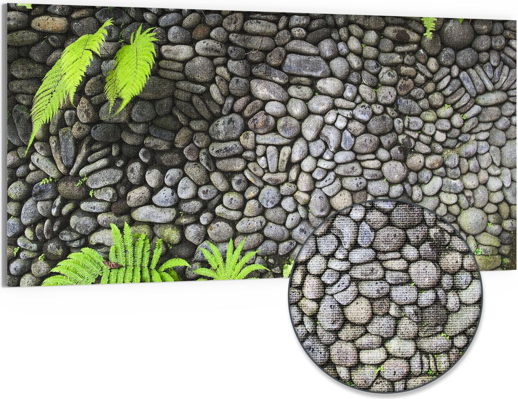 DEQORI Hybrid Leinwand Bild 100x50 cm 'Stein und Farn' Wandbild Glas flach modern