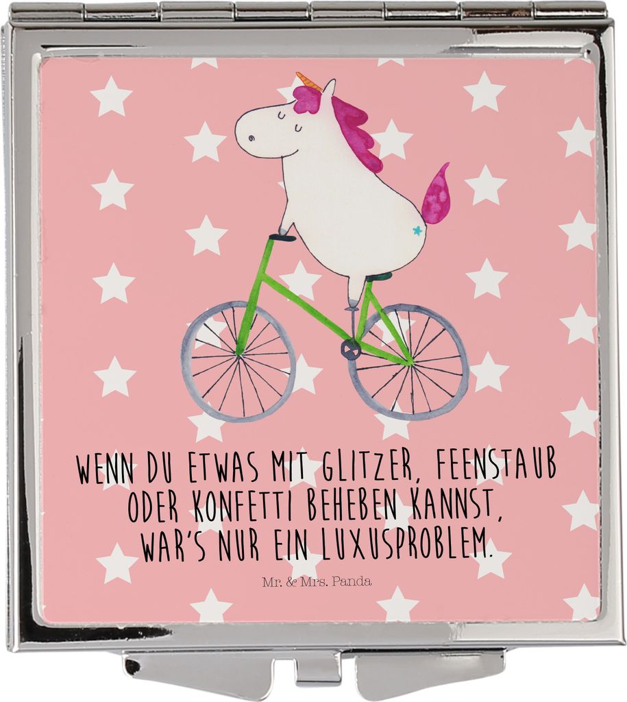 Mr. & Mrs. Panda Schminkspiegel Einhorn Radfahrer - Rot Pastell - Geschenk, Handspiegel, Taschenspiegel, Radfahren, Unicorn, Bike, Frauen Spiegel, ...
