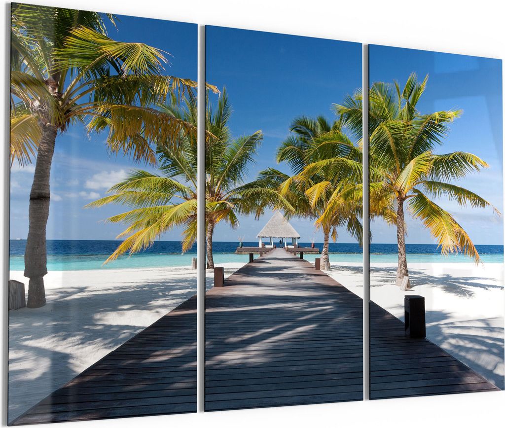 DEQORI Glasbilder Acryl 3x50x100 cm 'Tropischer Strandaufgang' Wandbilder XXL groß
