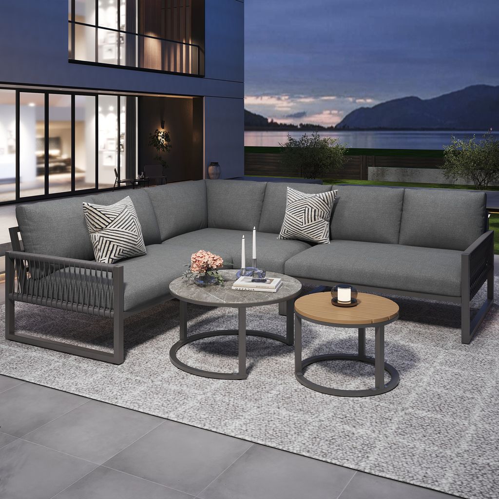 MODFU Garten Lounge Set Gartenmöbel, Garten Loungesessel Balkonmöbel-Set, Ecksofa Rattan mit verzinktem Eisengestell, verstellbare Beine, grau