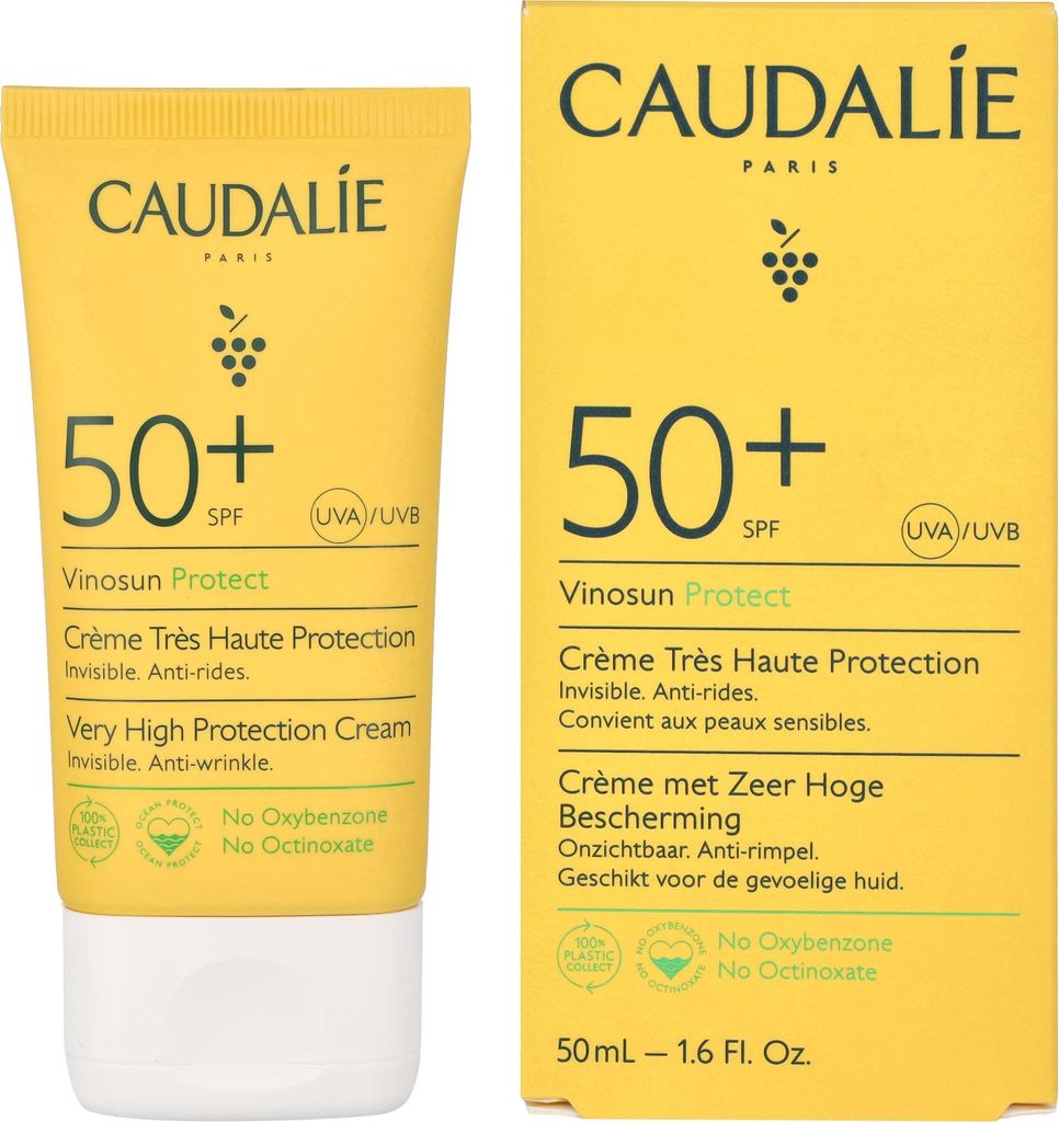 A product shot of Caudalie Vinosun Protect sunscreen tube and its packaging.