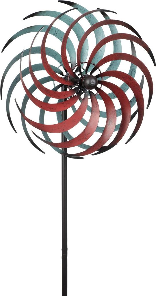 Metall Windrad Garten 175 cm hoch doppelläufig Ø 34 cm rot türkis Windspiel wetterfest Wind Spinner Deko für Garten Beet Rasen Terrasse Gartend...
