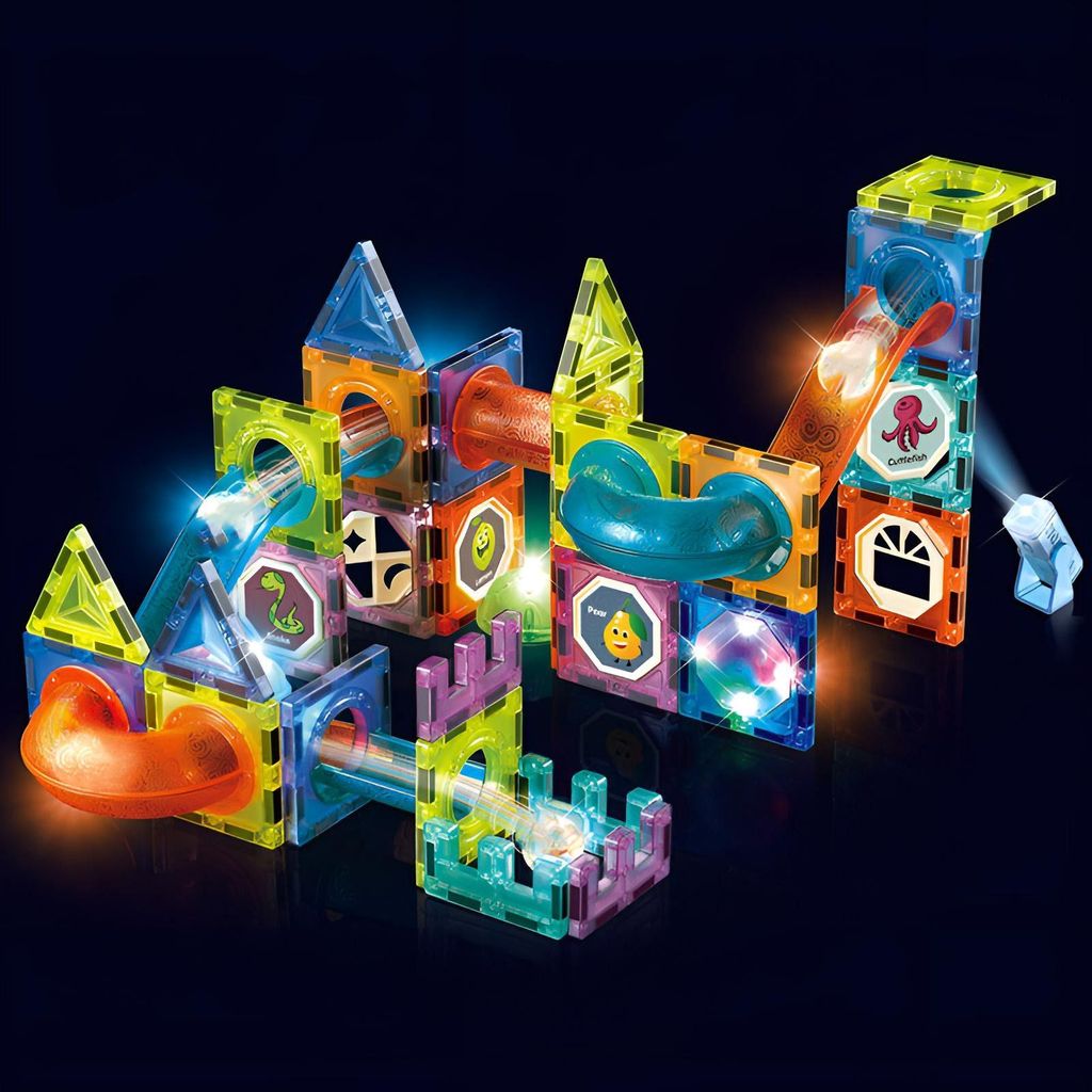 GOLDSTERN-TECH LightCube Magnetspielbausteine (kreatives Spielset,75 St.,Kombiniertes Bau- und Kugelbahnsystem), STEM-Konstruktionsspiel für kreat...