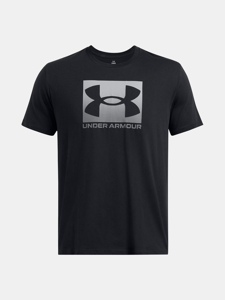 A black t-shirt with a large gray Under Armour logo on the front.