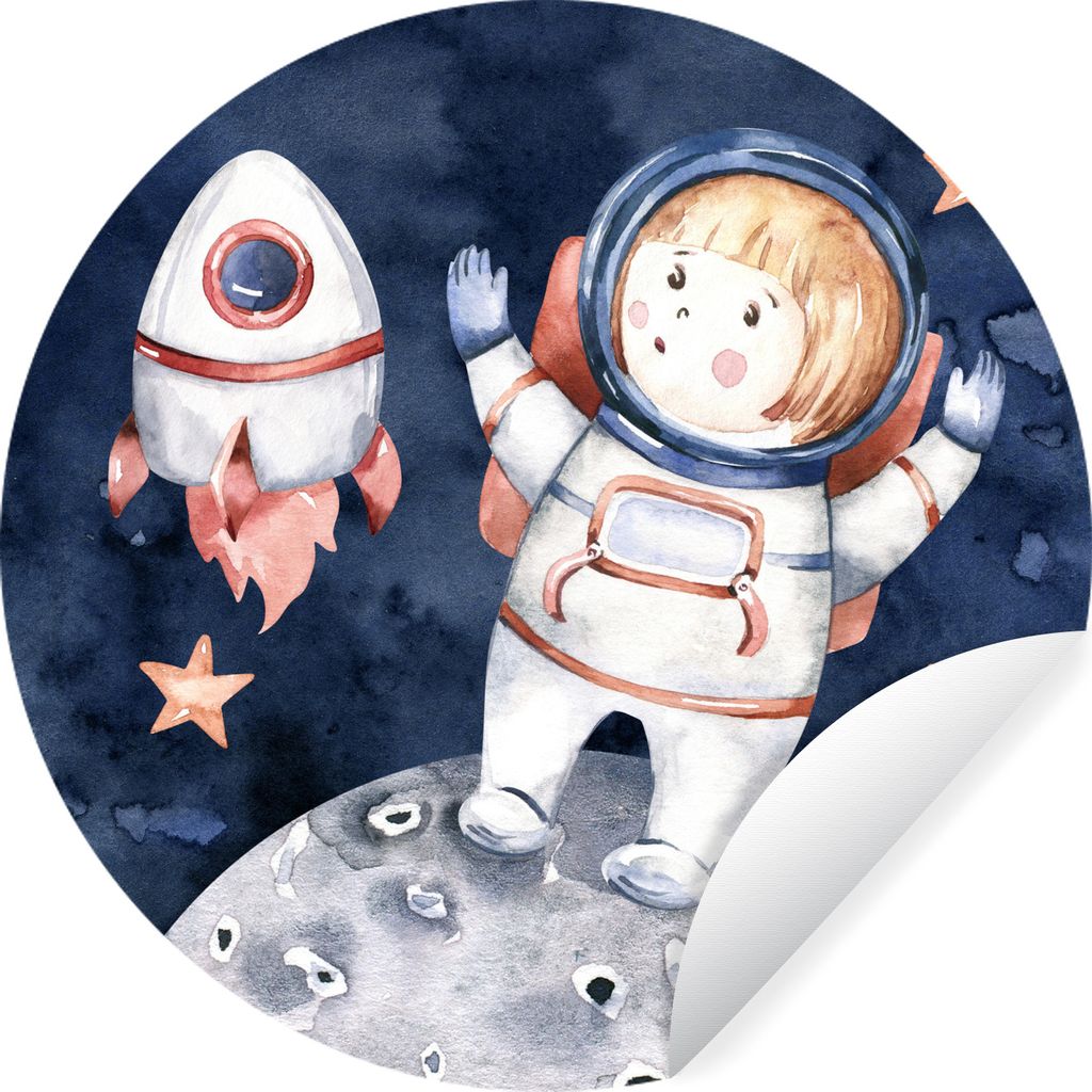 MuchoWow Runde Wandtattoo - Wandsticker Tapete Aufkleber Weltraum - Rakete - Mond - Jungen - Mädchen - Kinder Ø 30 cm Selbstklebend und Reposit...