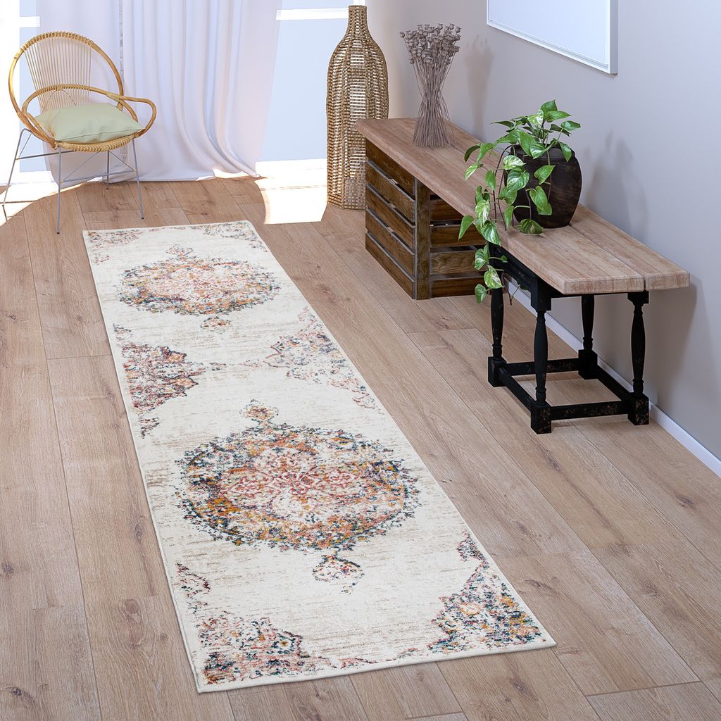 Teppich Läufer Flur Schlafzimmer Kurzflor Vintage Pastell Orientalisches Muster Grösse 80x150 cm