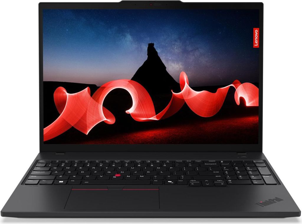 A Lenovo ThinkPad laptop is shown from the front, open with the screen displaying an abstract image.