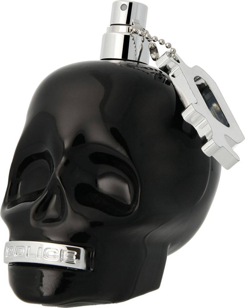 A black skull-shaped perfume bottle with a silver spray nozzle and a silver tag attached by a chain.