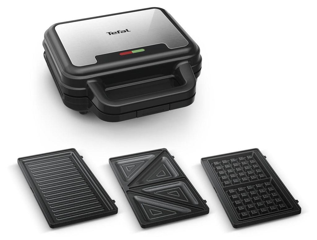 A Tefal UltraCompact 3in1 SW383D10 contact grill with three interchangeable plates shown below.