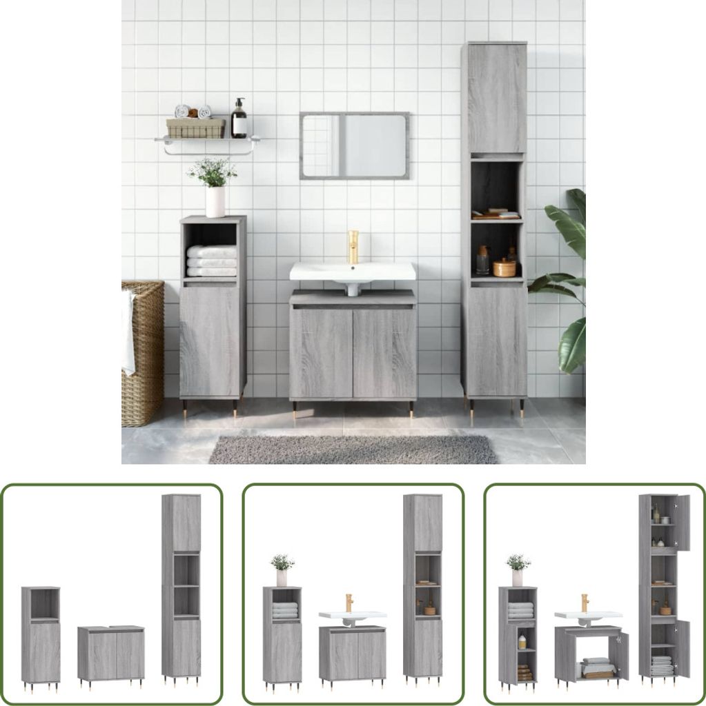 The Living Store 3-tlg. Badmöbel-Set Grau Sonoma Holzwerkstoff