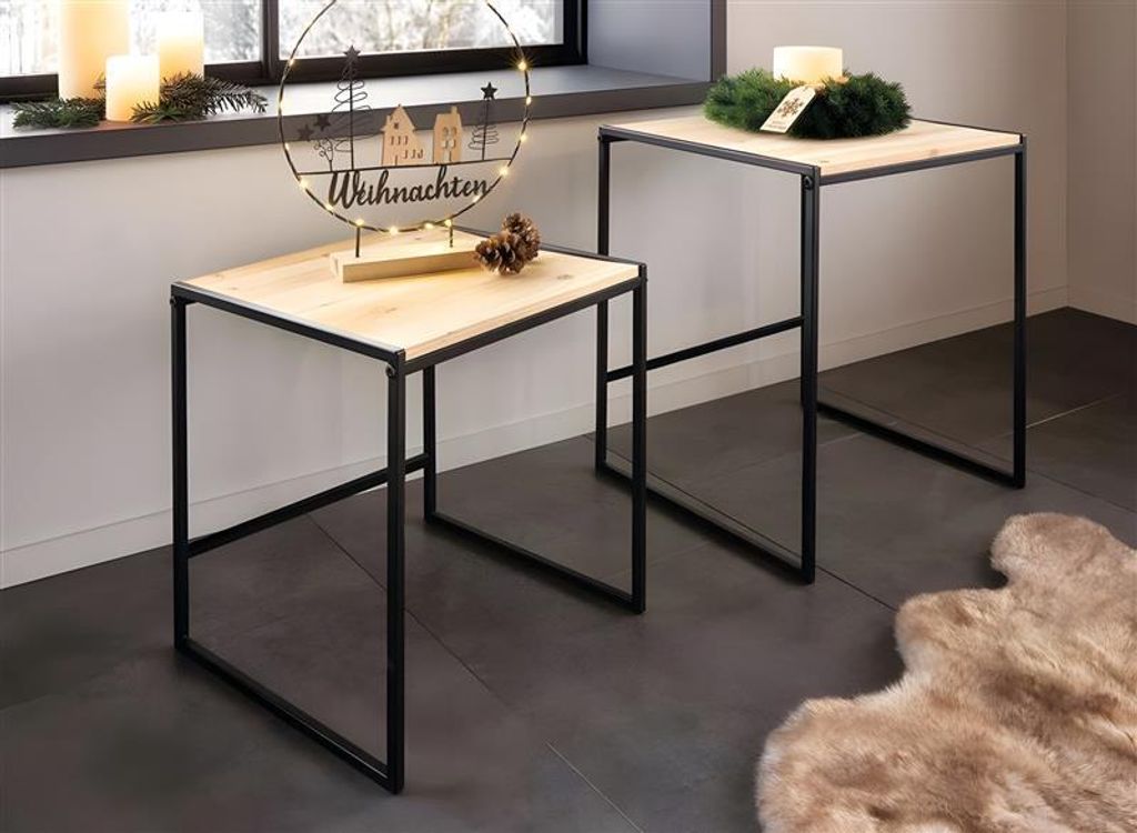 2x Beistelltisch "Modern" aus Metall & Holz, 40 + 50 cm hoch, Satztische, Wohnzimmertisch