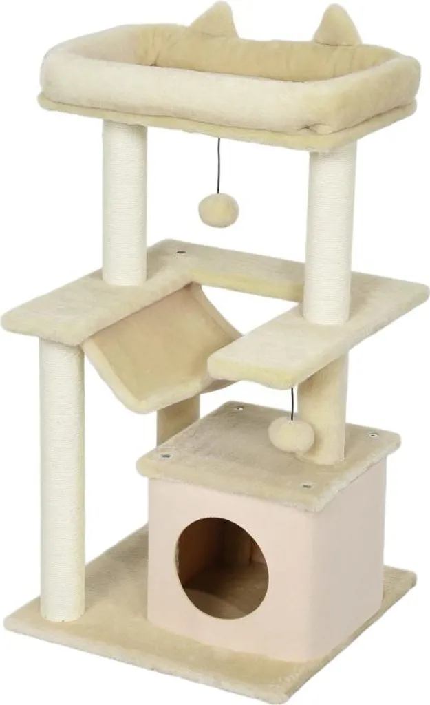 Arbre à chat design 90cm avec jouets suspendus et hamac relaxant crème