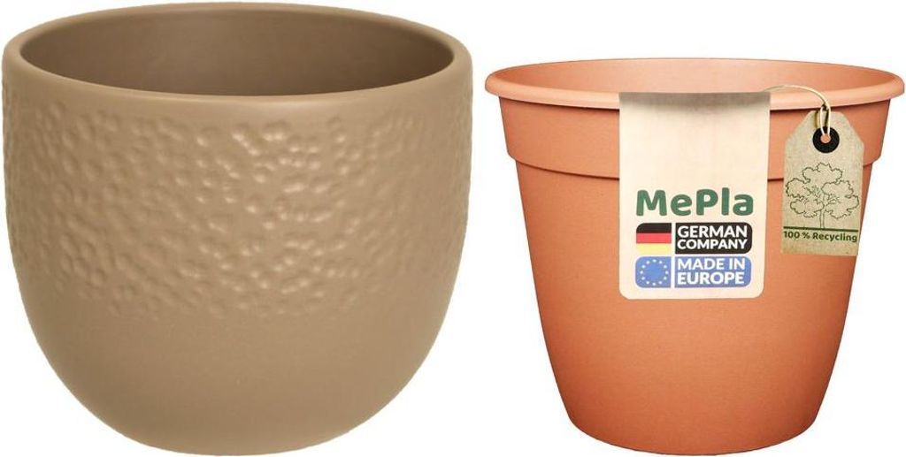 MePla - Set - Übertopf 536 Dots ø18 + Pflanztopf ø16 - Taupe-matt