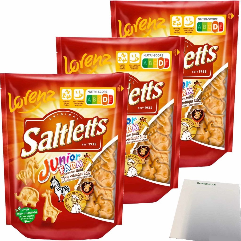 Lorenz Saltletts Junior Farm knusprige Laugengebäck-Figuren fein gesalzen 3er Pack (3x150g Packung) + usy Block