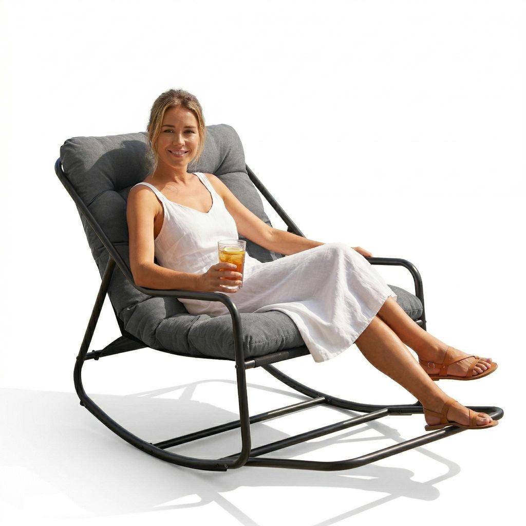 LVHOM Schaukelstuhl mit Armlehnen, Schaukelsessel Relaxsessel Modern mit Metallgestell & dickem Polster, Lesesessel Skandinavisch, Grau