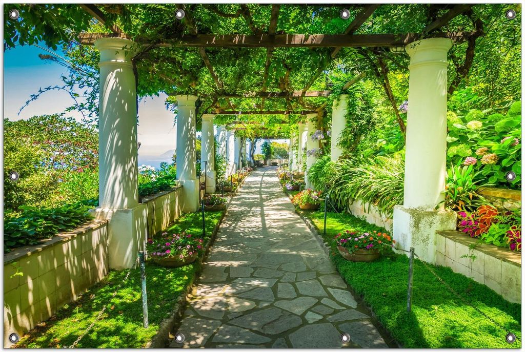 Wallario Outdoor-Poster für Garten oder Balkon, Motiv Blühende Pergola, in ca. 100 x 150 cm