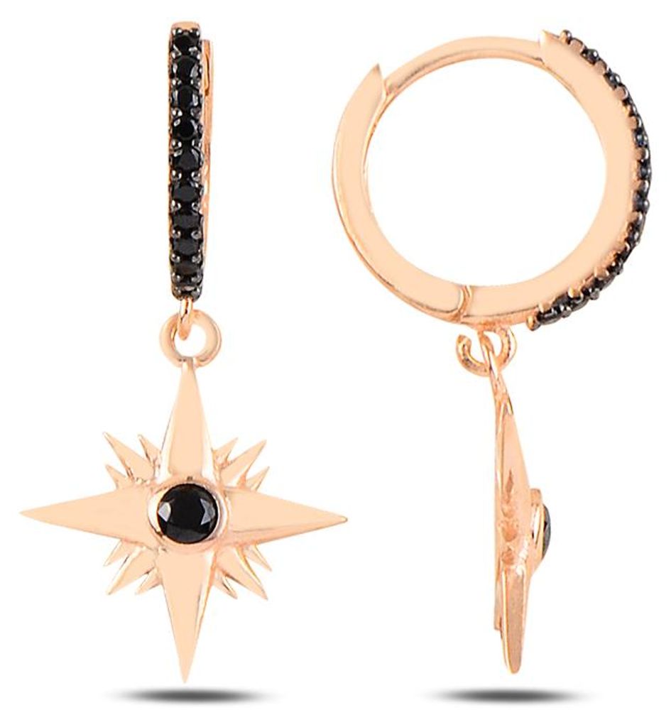 Königstern Ohrringe aus 925 Silber mit schwarzen Zirkonia und Rosévergoldung
