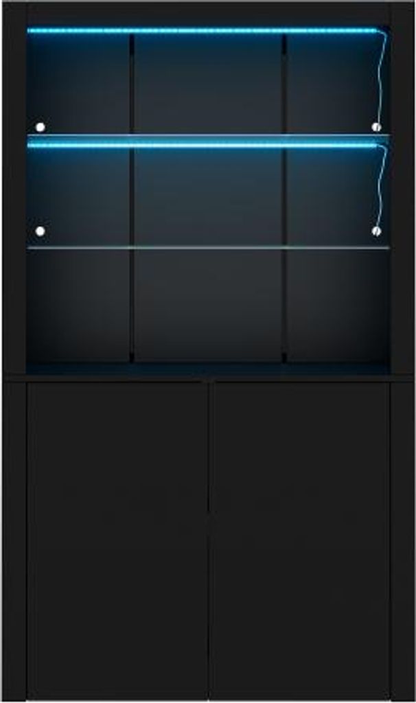 Schwarz Schrank Vitrine 100x35x170 cm Hochglanz Mit LED Beleuchtung 2 Glasboeden 2 Schrankfaecher Highboard Wohnzimmerschrank Stauraum