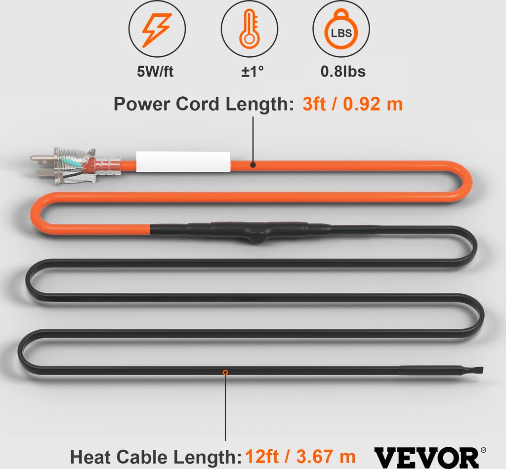 VEVOR samoregulační topný kabel do potrubí, 3,7 m, 16,4 Obrázek produktu 7