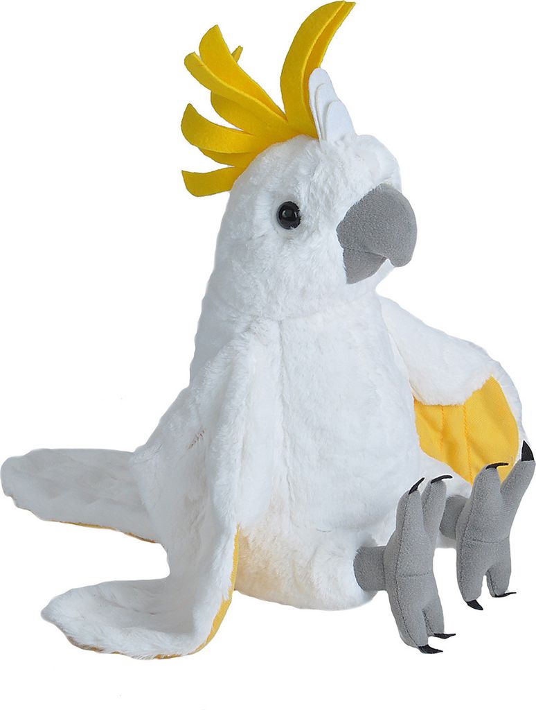 A stuffed toy cockatoo is shown sitting against a white background.
