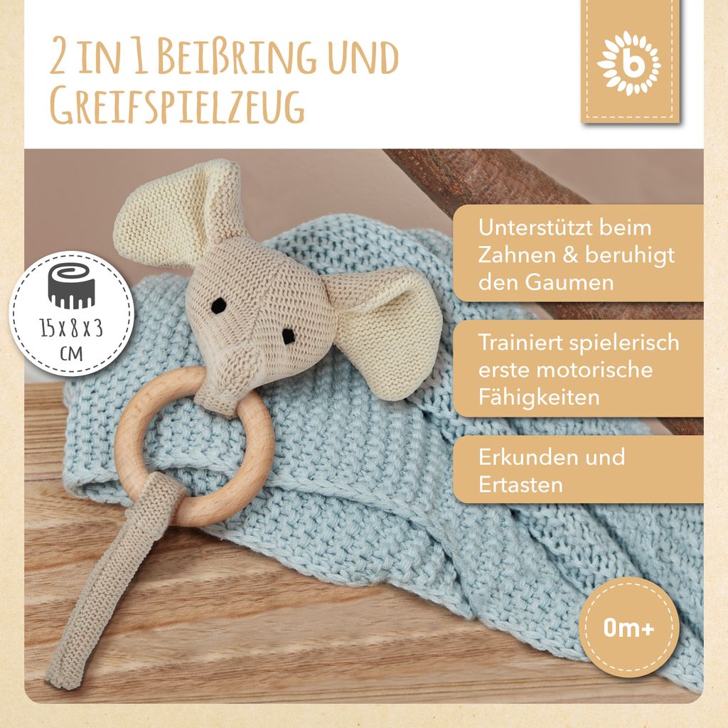 Bieco Greifling Baby Rassel | Niedliche Elefanten Häkel Rassel mit Holz Ring | Baby Greifling Rassel für Junge & Mädchen | Eefanten Greifling Ge...