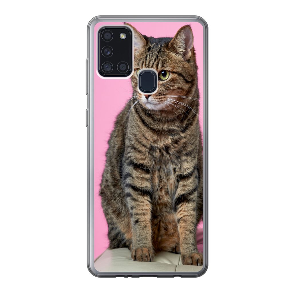 MuchoWow Handyhülle Schutzhülle Hülle für Samsung Galaxy A21s Katze - Rosa - Pouf - Mädchen - Kinder - Kinder Silikon Softcase Handy Hülle ...
