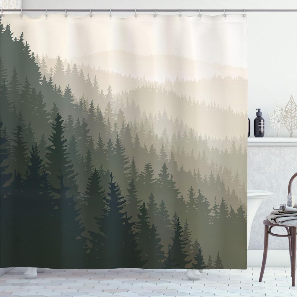 ABAKUHAUS Wald Duschvorhang, Nördliche Teile der Welt mit Nadelbäumen skandinavischen Wald, 175 x 240 cm, Dunkelgrün Creme Tan