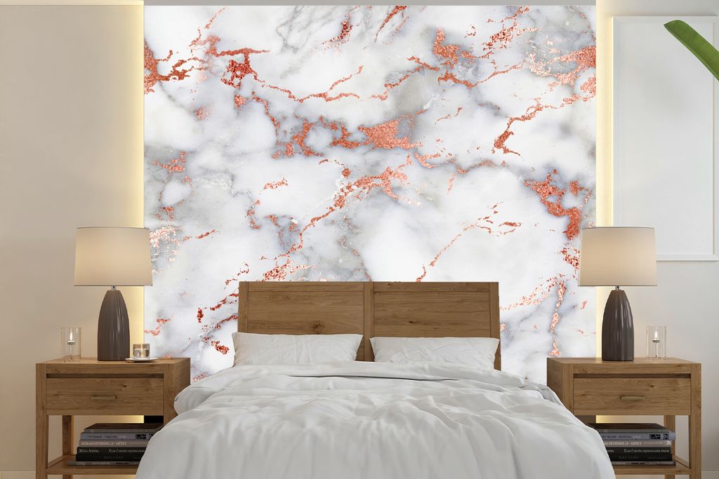 MuchoWow Fototapete für Wohnzimmer oder Schlafzimmer Wandtapete Vinyl Motivtapete Marmor - Weiß - Gold - 280x280 cm - Hintergrundbild