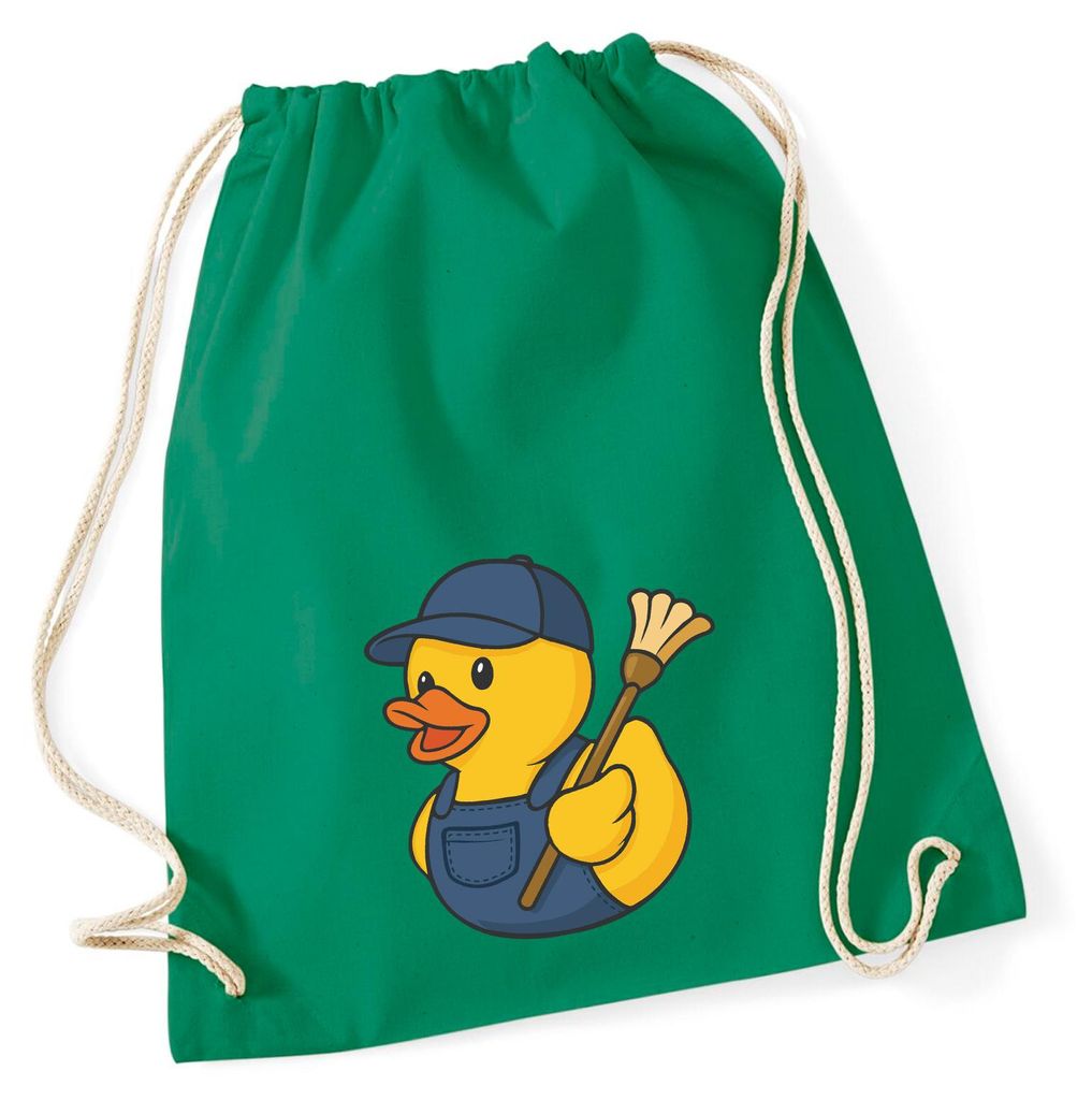 Huuraa Turnbeutel Quietscheente Hausmeister Comic Gummiente 12 Liter Kelly Green Baumwolle Rucksack Geschenkidee