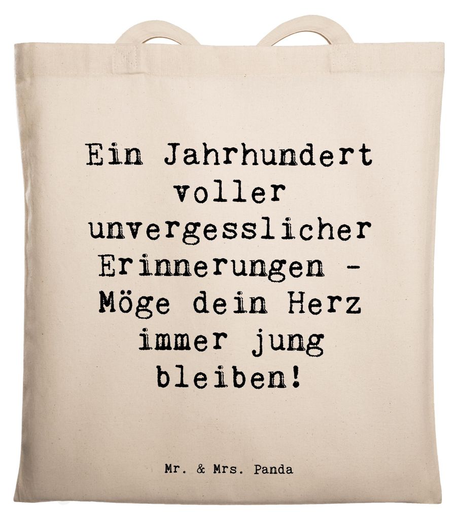 Mr. & Mrs. Panda Schultasche Spruch 100. Geburtstag Erinnerungen - Transparent - Geschenk, Jutebeutel, Handgefertigt, festival tasche, unvergesslic...
