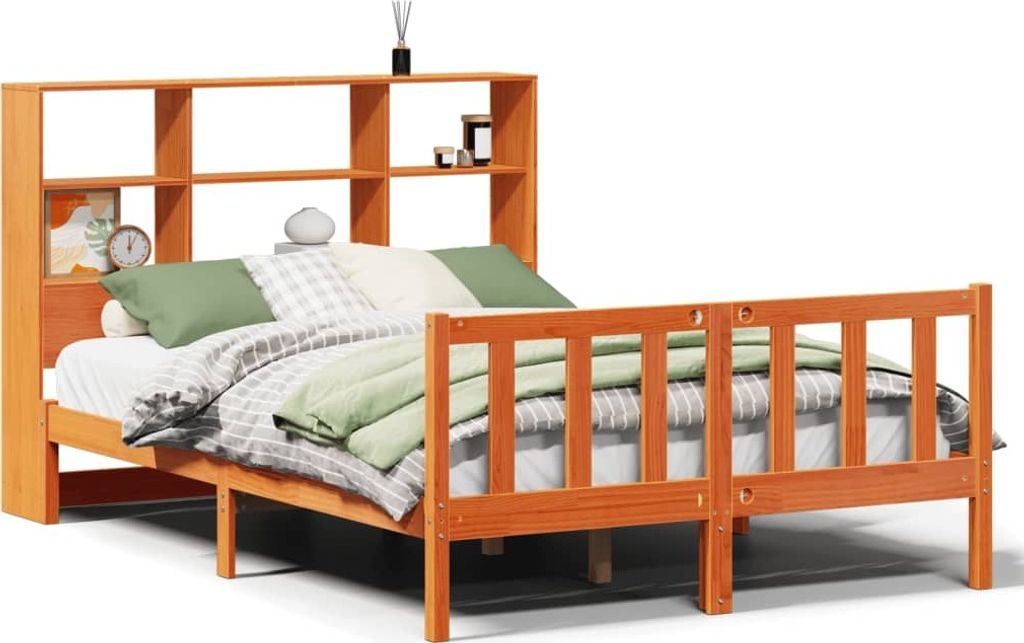 vidaXL Massivholzbett mit Regal ohne Matratze Wachsbraun 135x190 cm