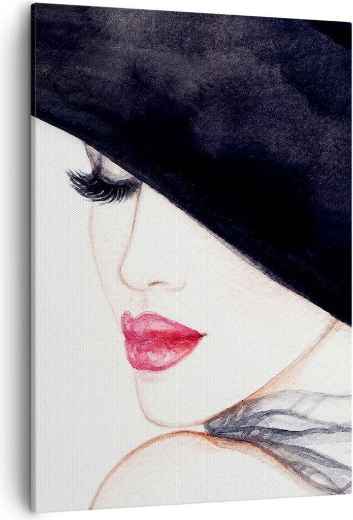 Bild auf Leinwand - Leinwandbild - Einteilig - Frau Lippen Hut Eleganz - 50x70cm - Wand Bild - Wanddeko - Wandbilder - Leinwanddruck - Wanddekorati...