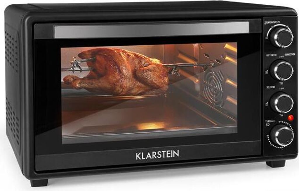 Klarstein Masterchef Minibackofen, Mini Backofen Temperatur: 100-230 °C, Ofen mit Drehspieß, Umluft-Funktion, Timer, Doppelglastür, Ober- und Un...