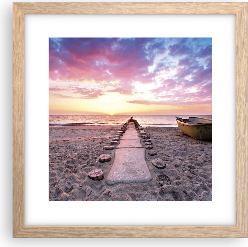 Gerahmtes Poster - Rahmen in heller Eiche - Boot Strand Himmel - 30x30 cm - Wand Bild - Wanddeko - Wandbilder - Kunstposter - Wandposter - Bilderra...
