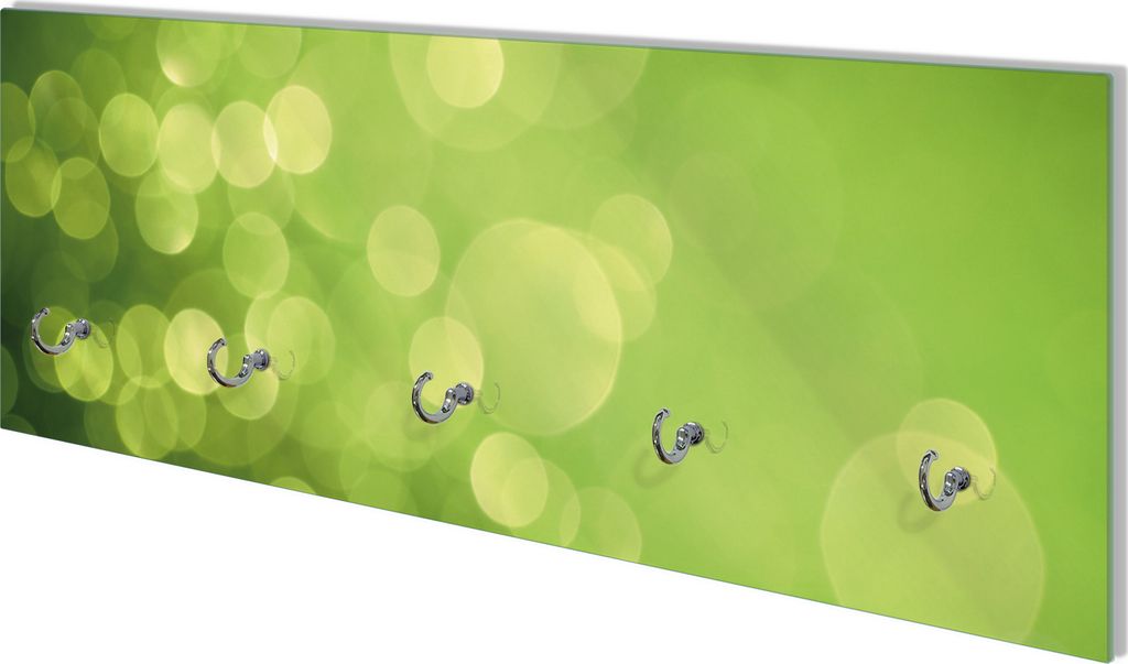Wallario Flurgarderobe Wandgarderobe aus Glas, mit 5 Haken, Größe 80 x 30 cm, Motiv Abstrakte grüne Kreise grüne Lichtpunkte