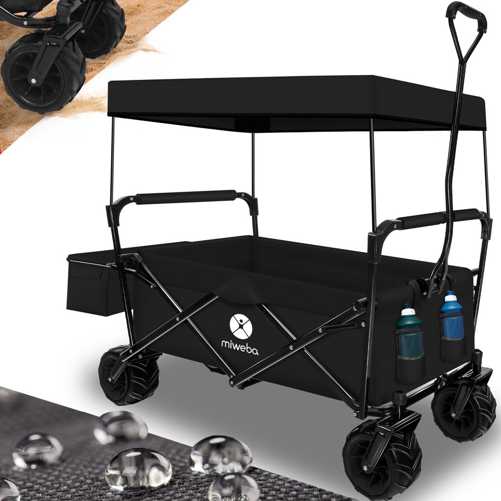 A black folding wagon with a canopy is shown from a slight angle.