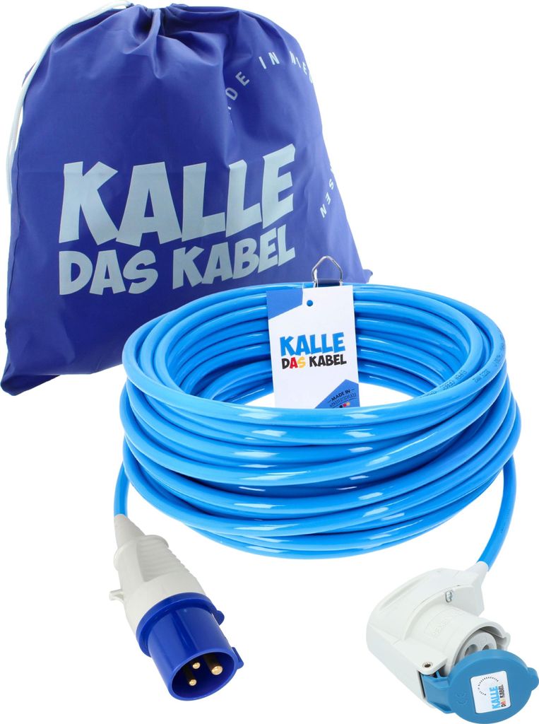 KALLE DAS KABEL CEE PUR Verlängerungskabel H07BQ-F 3G 2,5 mm² 40 Meter Stecker mit Sicherungsöse + Winkelkupplung 230 V 16A Schutzart IP44 Polyu...