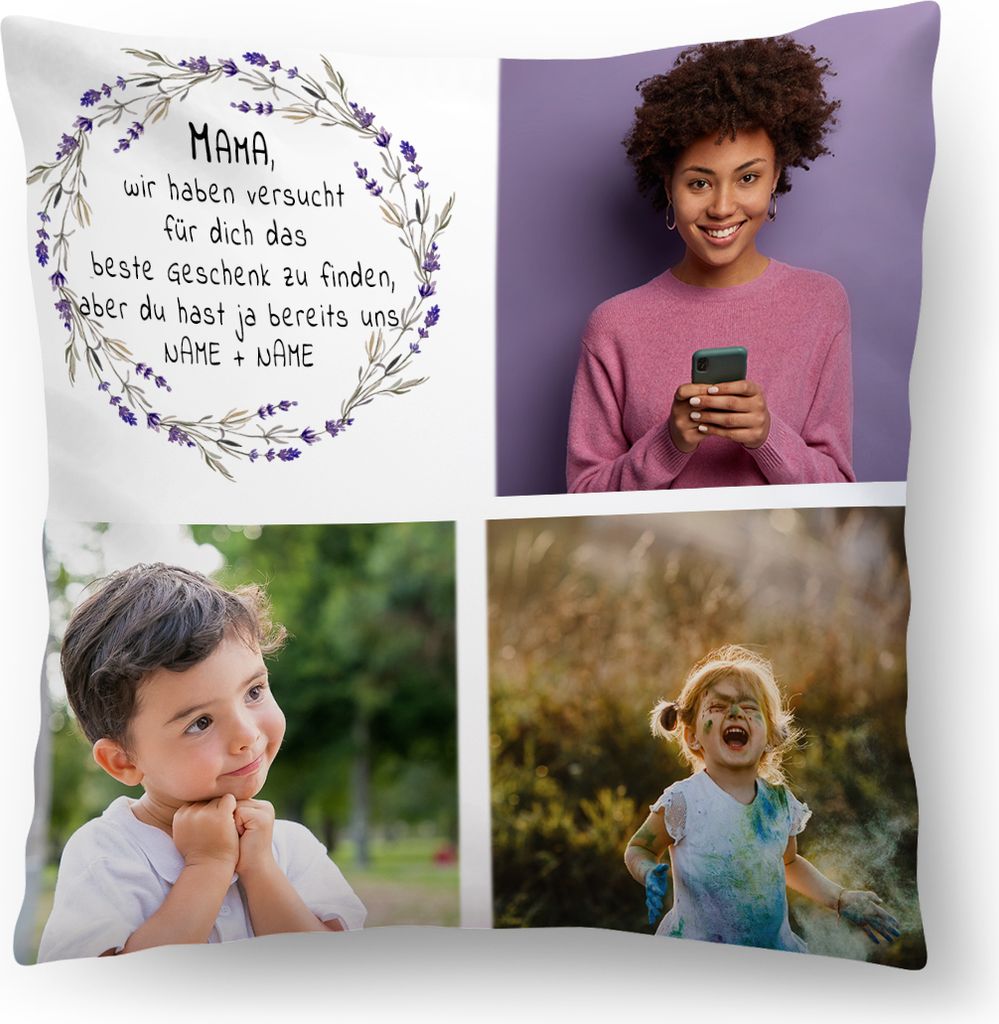 Personalisiertes FOTOGESCHENK (45x45 cm), Foto-Kissen mit Foto & Text, Muttertag, Geburtstag (mit Füllung), Bestes Geschenk Mama [091]