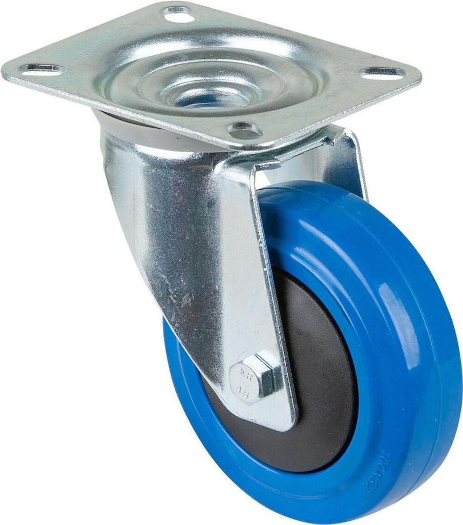 Transportgeräte-Lenkrolle, Elastik-Vollgummi blau, Durchm. 100 mm, Traglast 150 kg, Kugellager, Anschraubplatte, Fadenschutz
