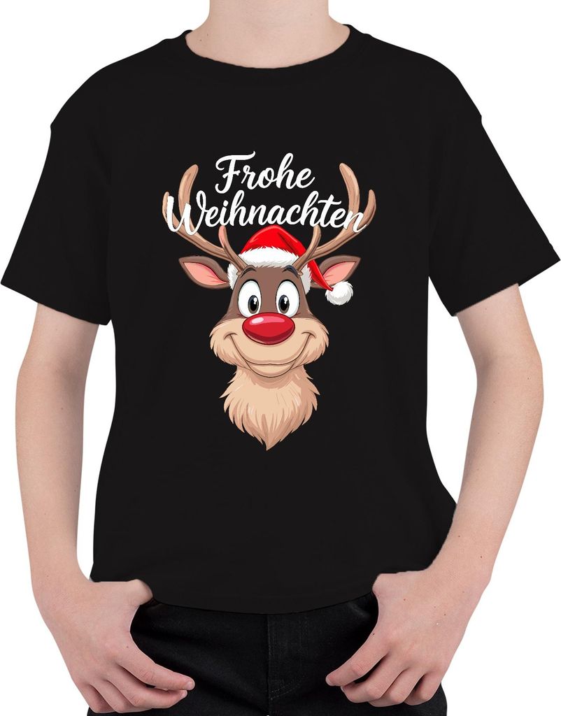 Frohe Weihnachten Rentier Rudolf Weihnachtsmütze Lustig Cartoon Uni Kinder T-Shirt, Schwarz, 116
