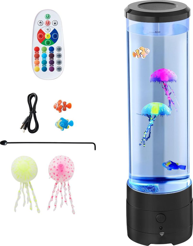 A product shot of a lava lamp with accessories, including a remote control, USB cable, and decorative jellyfish and fish.