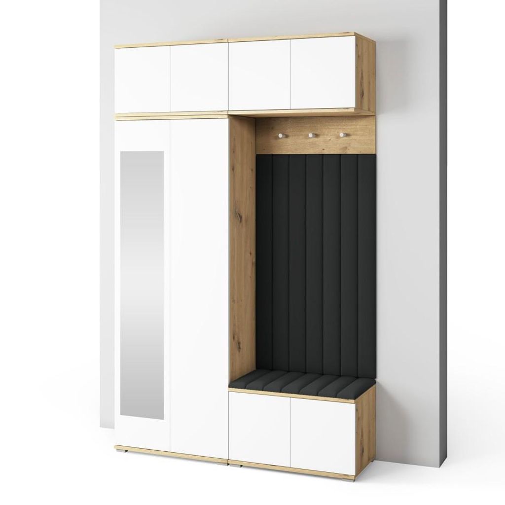 Garderoben-Set Aura Version 9: Kleiderschrank mit Polsterpaneelen, Schuhschrank Flur und Eingangsbereich (weiß/Artisan-Eiche /Trinity 16)