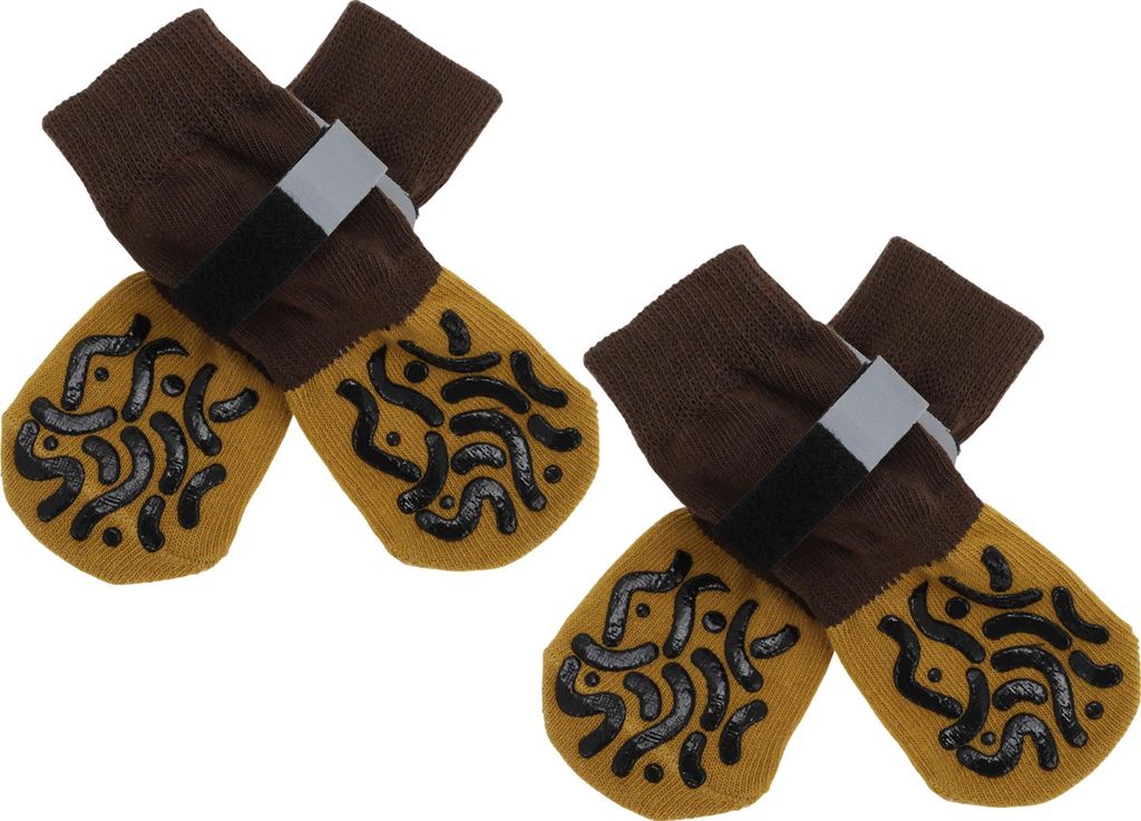 4 Stück rutschfeste Hundesocken mit reflektierenden verstellbaren Bändern, Haustier Socken für Hunde, Pfoten Schutz für Holzböden, Braun, x Klein