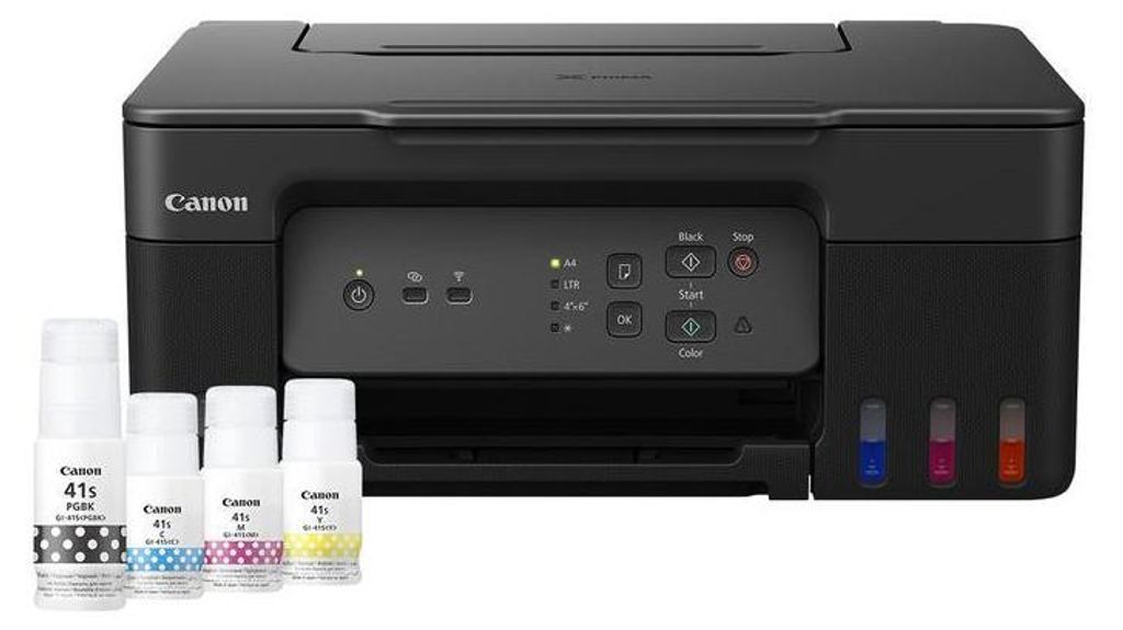 A black Canon PIXMA G3430 printer is shown with four bottles of ink in front of it.